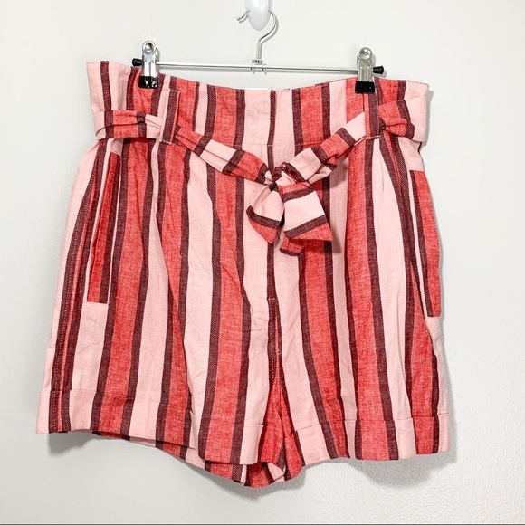 Topshop Linen Blend High Waist Striped Paper Bag Tie Waist Shorts NWT Size 10 - Picture 1 of 8